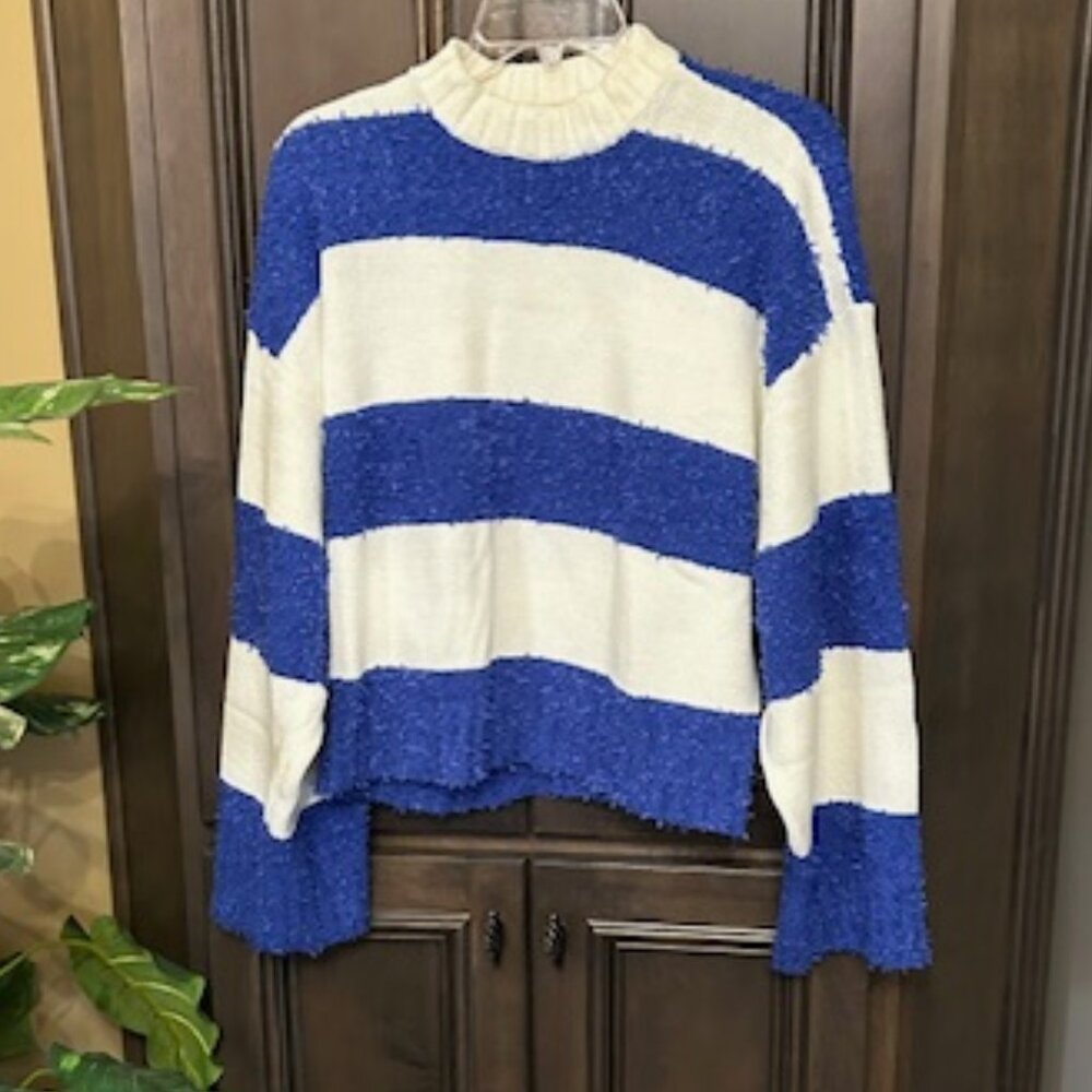 STAUD White/Atlantic Rugby Stripe Long Sleeves Delaney Sweater